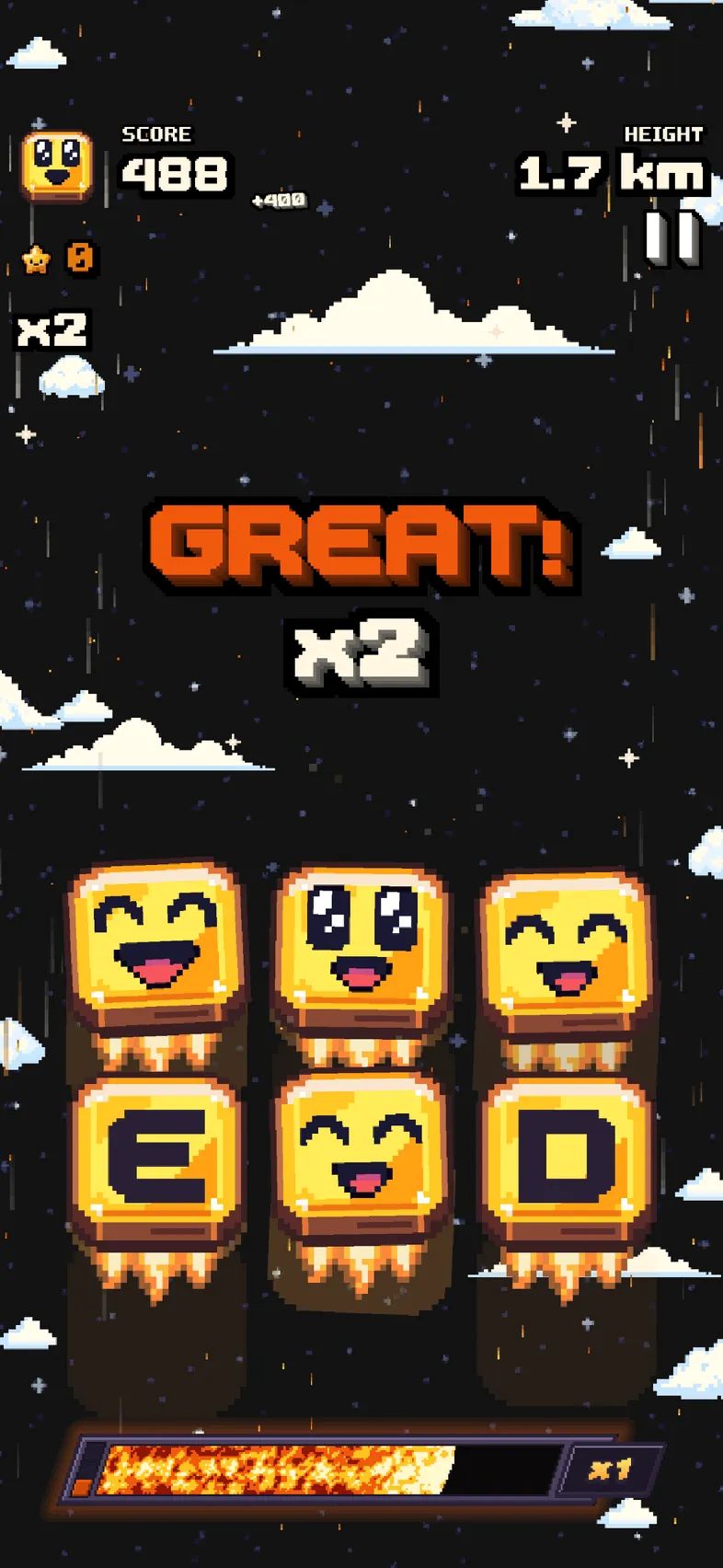 Gold tiles flying past clouds at 1.7 km with the word rating GREAT! and a times-two combo.