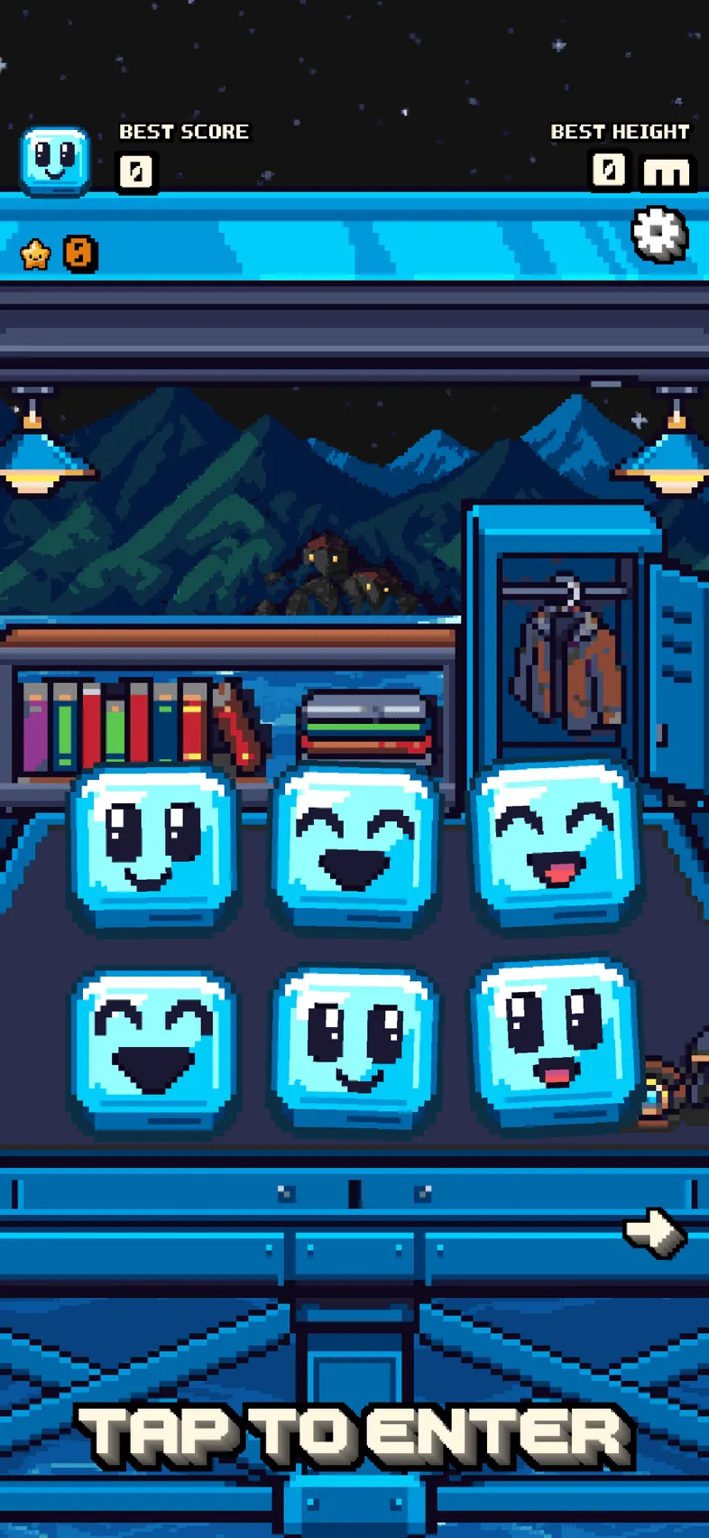 The locker room, with six ice-blue tiles and a row of books and coats behind them.