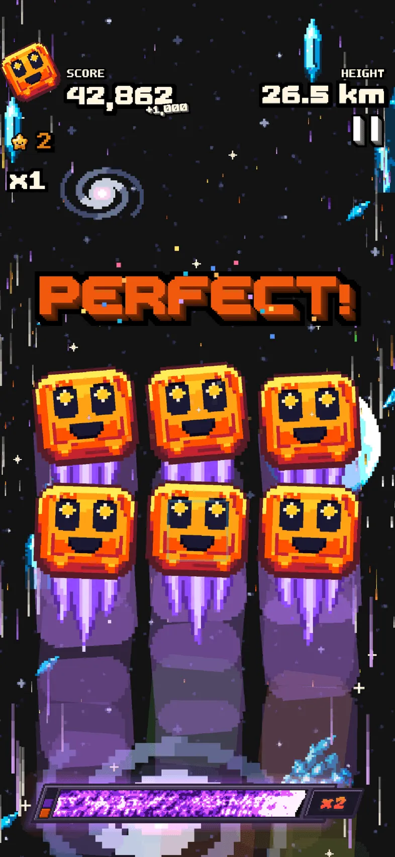 Lava tiles, all star-eyed, in deep space at 26.5 km with the word rating PERFECT!